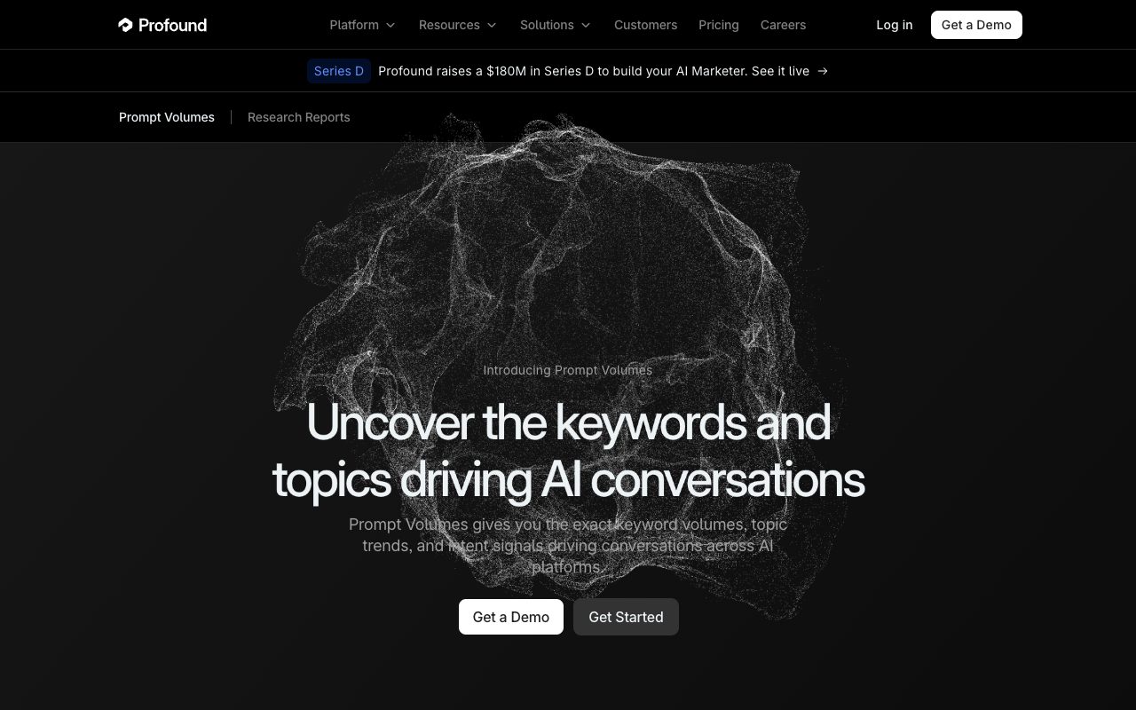 Profound Prompt Volumes page hero: Uncover the keywords and topics driving AI conversations, with keyword volume and intent data