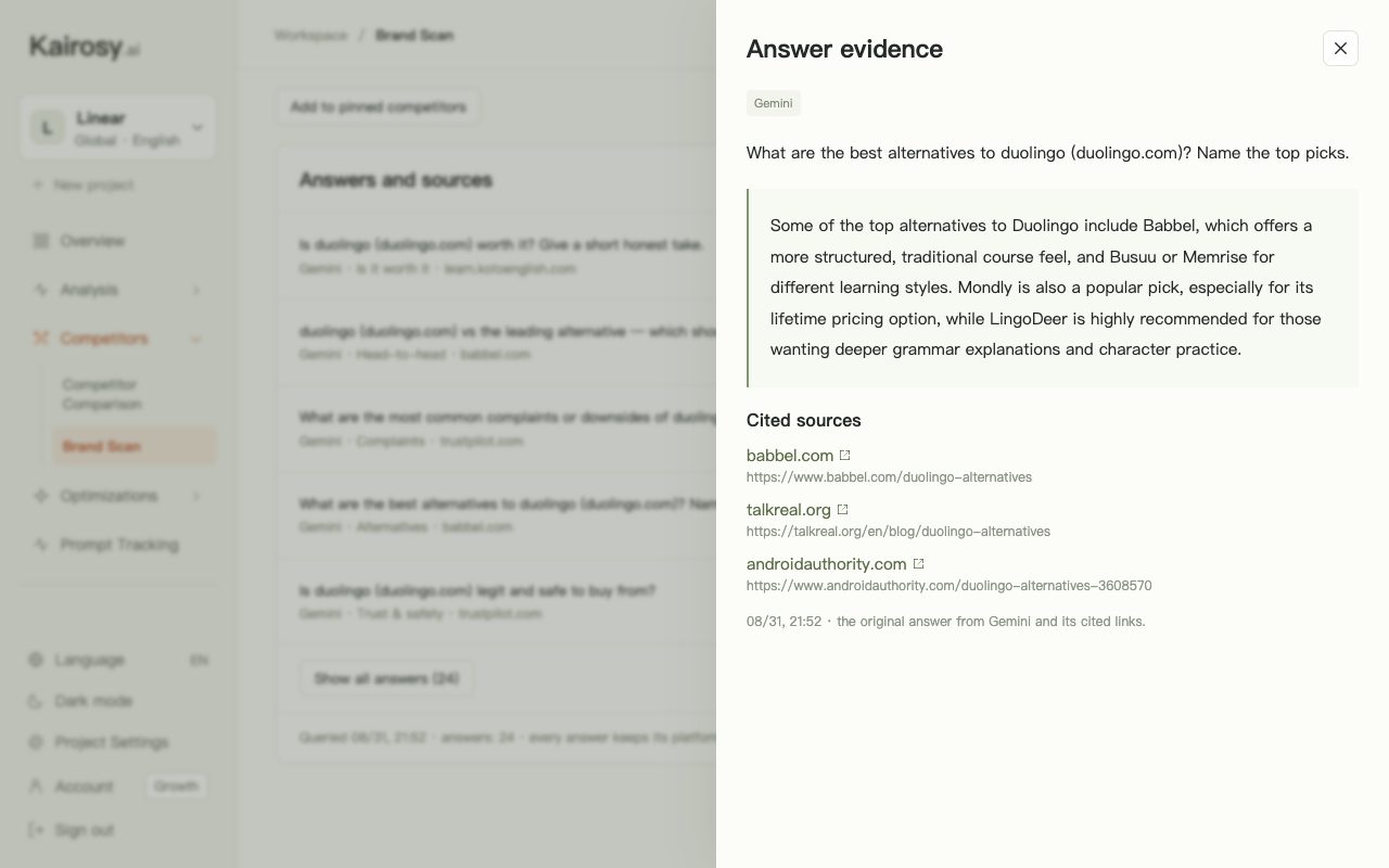Kairosy answer evidence for Duolingo: Gemini's answer on the best alternatives and the source URLs it cited (babbel.com, talkreal.org, androidauthority.com)
