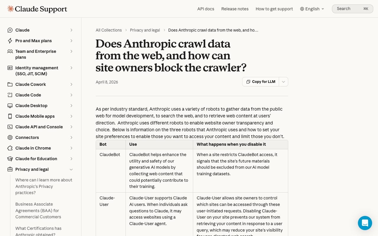 Claude Help Center article 'Does Anthropic crawl data from the web, and how can site owners block the crawler?'