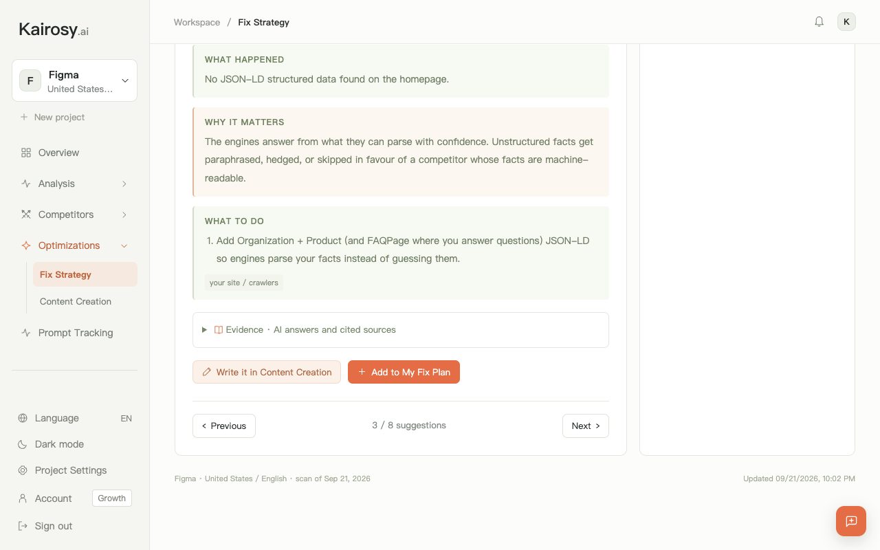 Kairosy Fix Strategy suggestion 3 of 8 for Figma: no JSON-LD structured data on the homepage, with the Organization and Product markup fix
