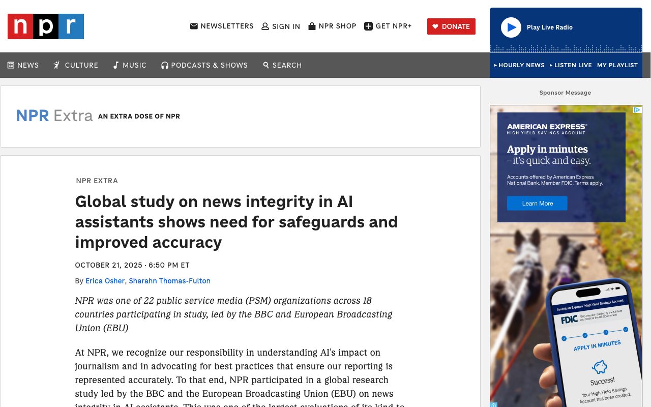 NPR page on the EBU and BBC global study of news integrity in AI assistants, which found widespread errors in answers