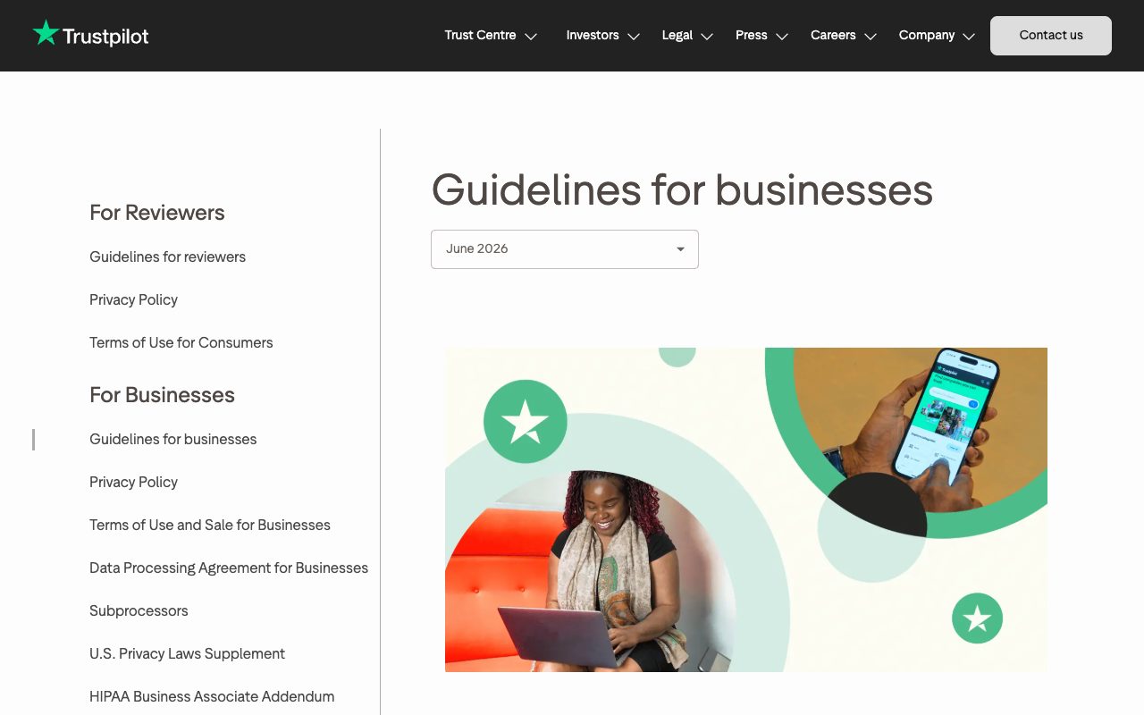 Trustpilot 'Guidelines for businesses' legal page setting the rules businesses must follow on the review platform