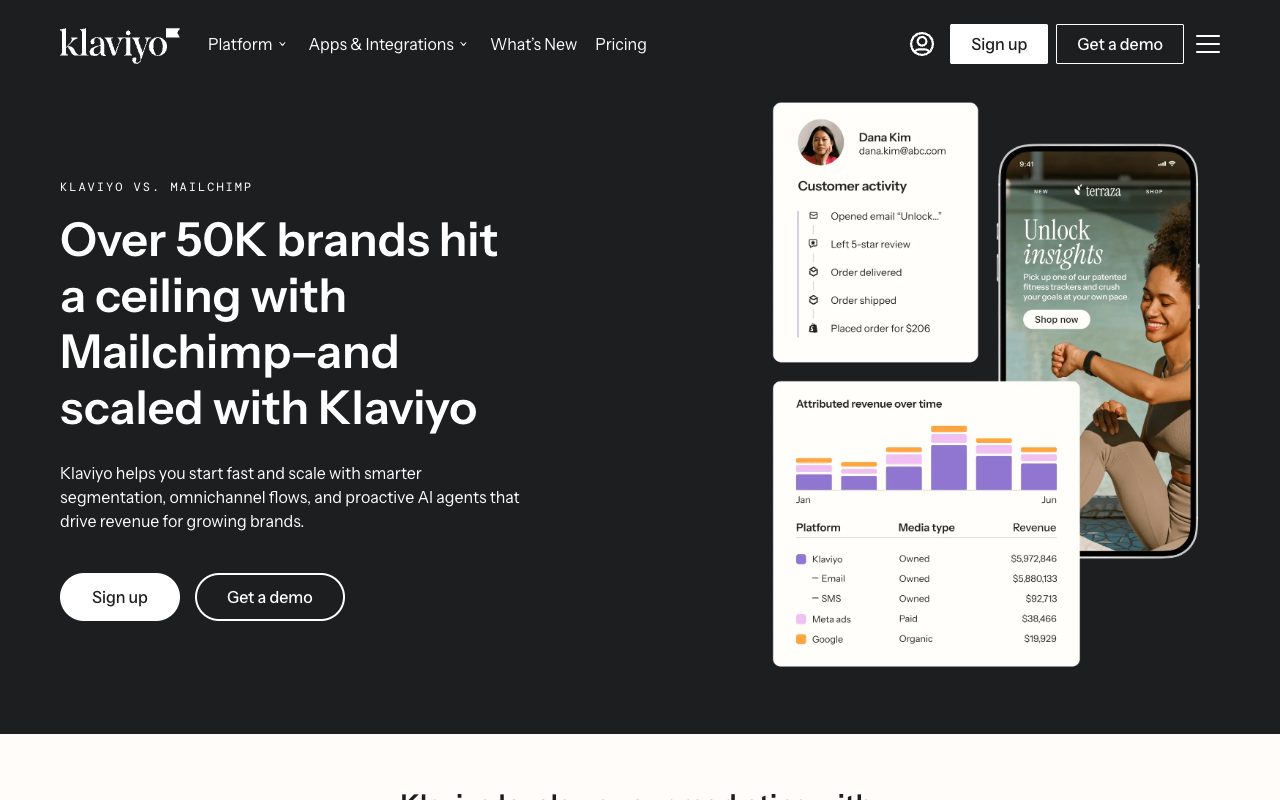 Klaviyo's 'Klaviyo vs. Mailchimp' comparison page arguing brands outgrow Mailchimp and switch to Klaviyo