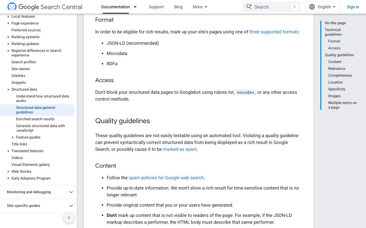 Google Search Central general structured data guidelines, Quality guidelines Content section requiring markup to match visible page content