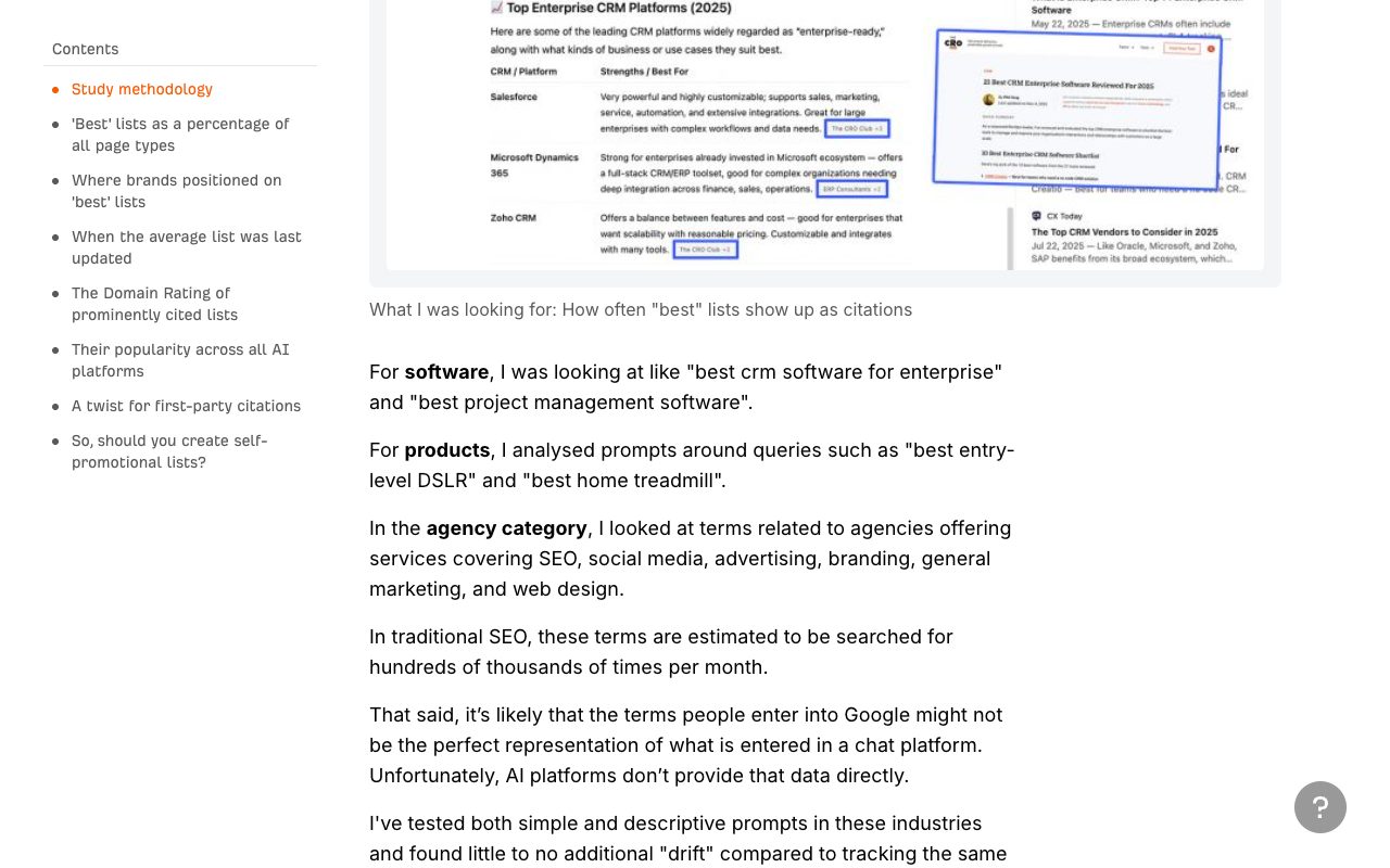 Ahrefs study of the 'best X' list pages ChatGPT cites, showing its methodology and an example list of top CRM platforms