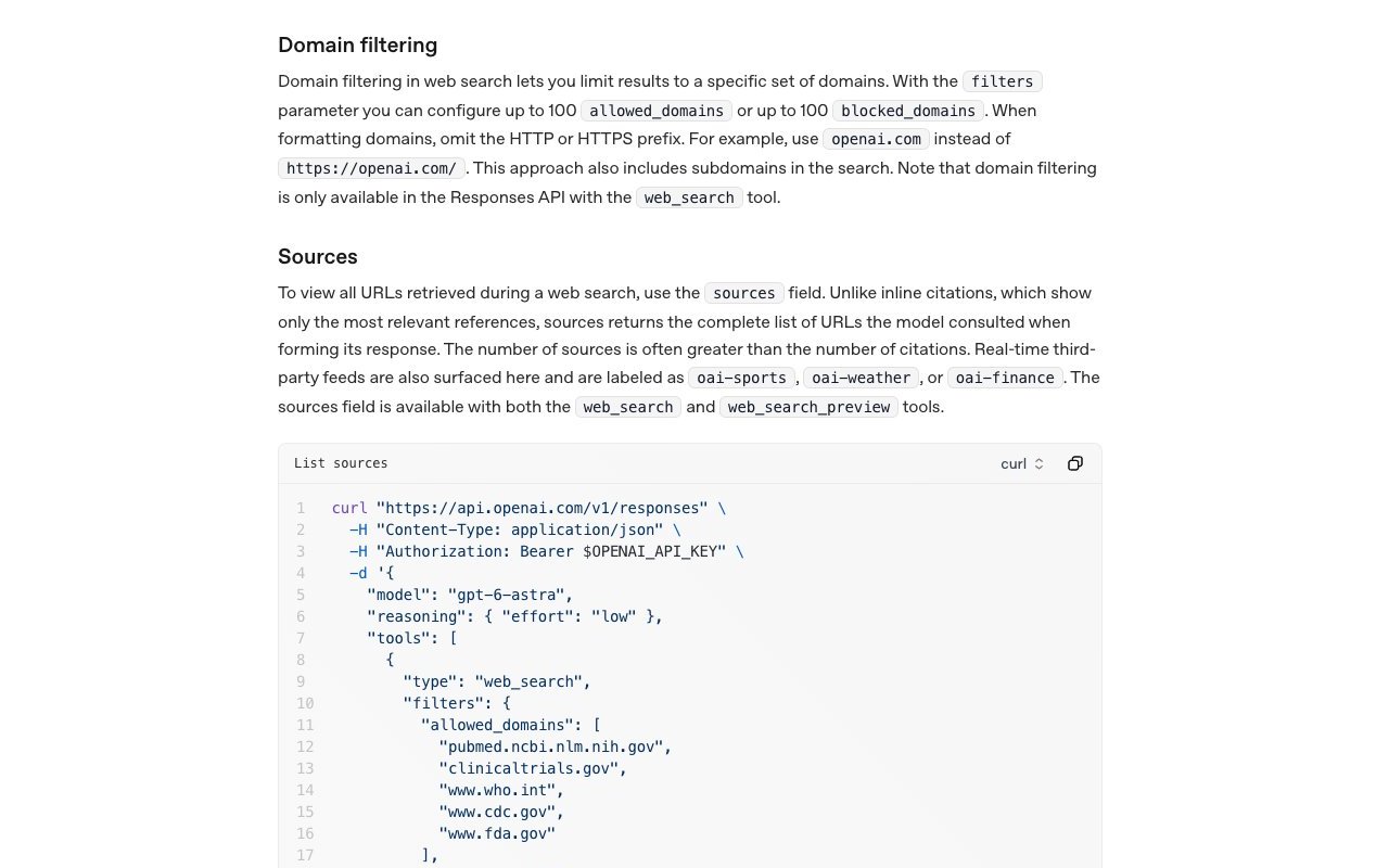 OpenAI web search guide: domain filtering and the sources field, which lists every URL consulted, not only the ones cited
