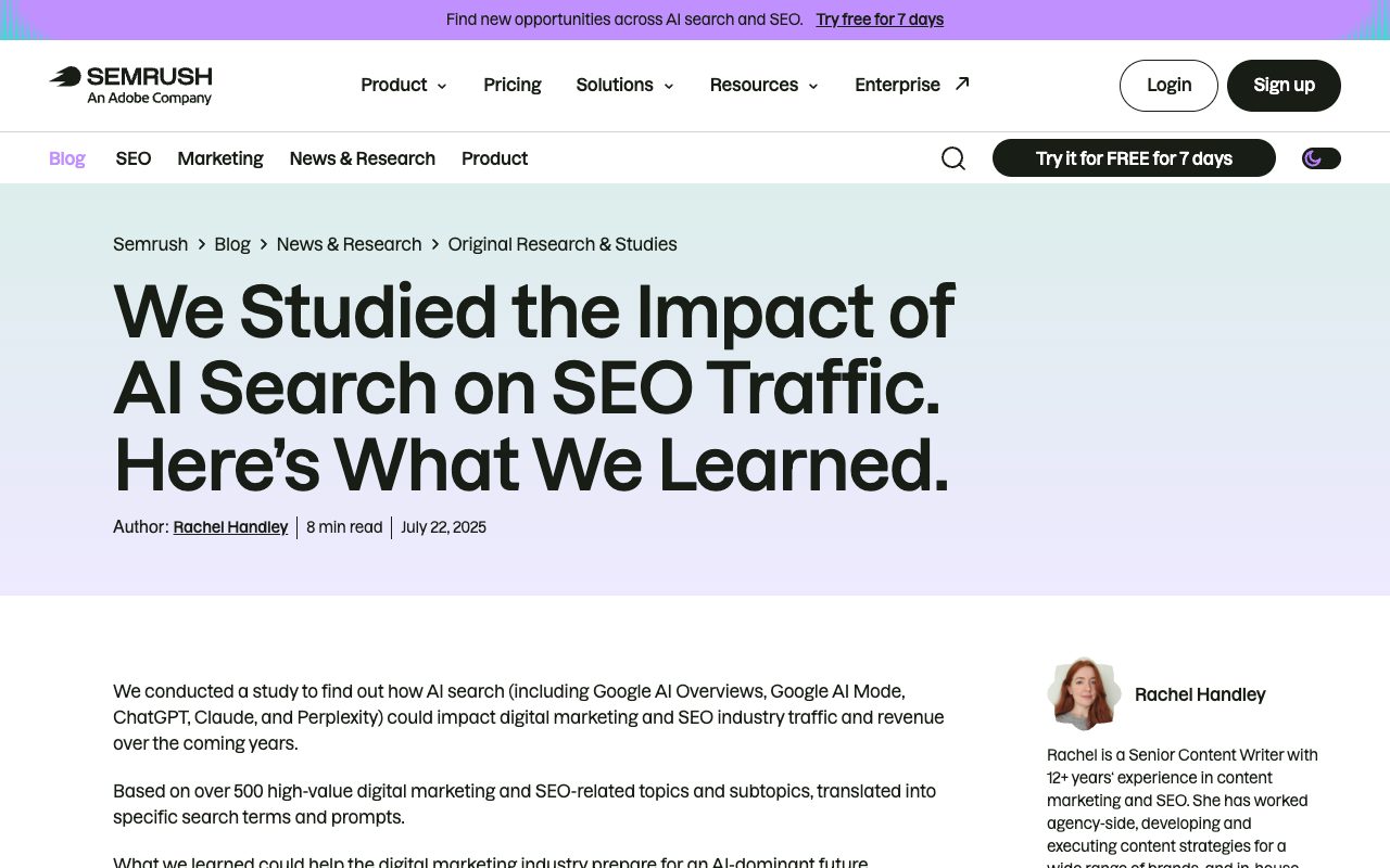 Semrush blog study 'We Studied the Impact of AI Search on SEO Traffic. Here's What We Learned' and its study intro