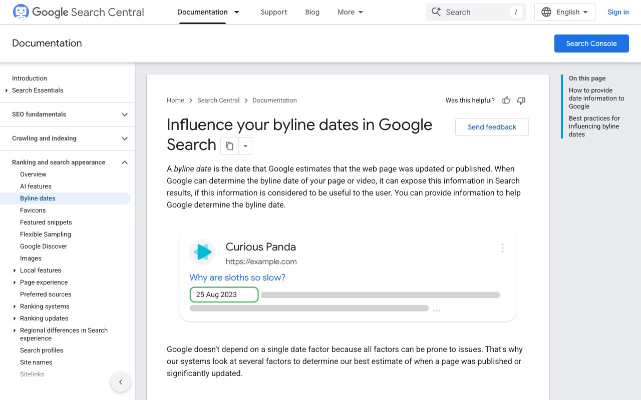 Google Search Central documentation on byline dates, explaining how Google determines when a page was published or updated