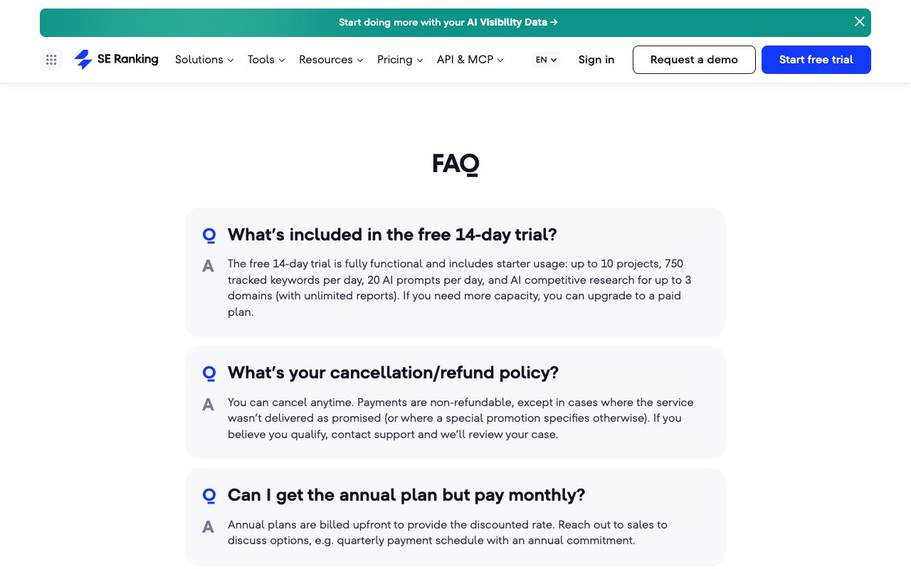 SE Ranking pricing page add-ons: AI Search at +$71.20 a month billed annually with 200 prompts across AI Overviews, AI Mode, Perplexity and ChatGPT