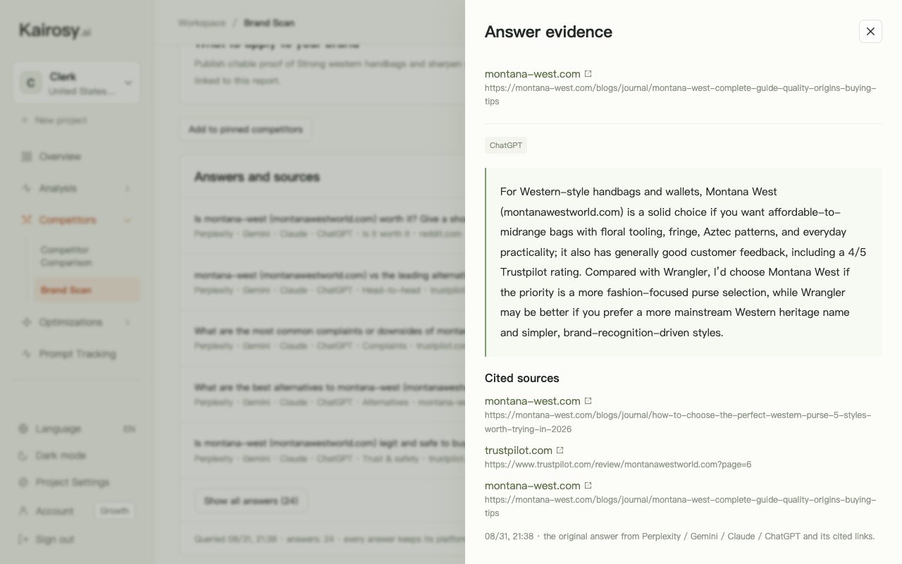 Kairosy answer evidence for Montana West: ChatGPT's head-to-head answer against Wrangler with the montana-west.com and Trustpilot pages it cited