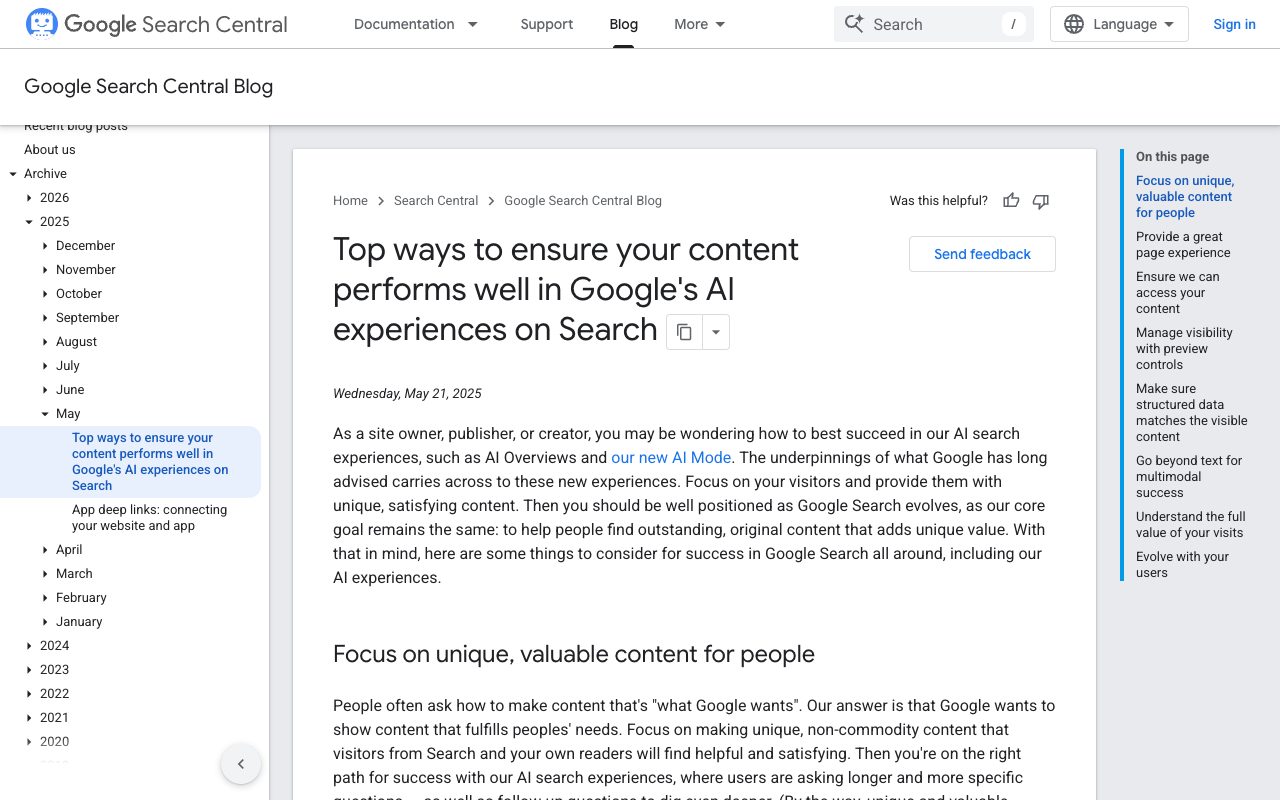 Google Search Central blog post on succeeding in Google's AI search experiences, with guidance for site owners on AI Overviews and AI Mode