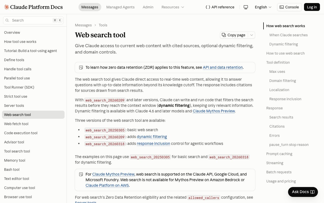 Anthropic's Claude documentation for the web search tool, which returns cited sources alongside Claude's answers