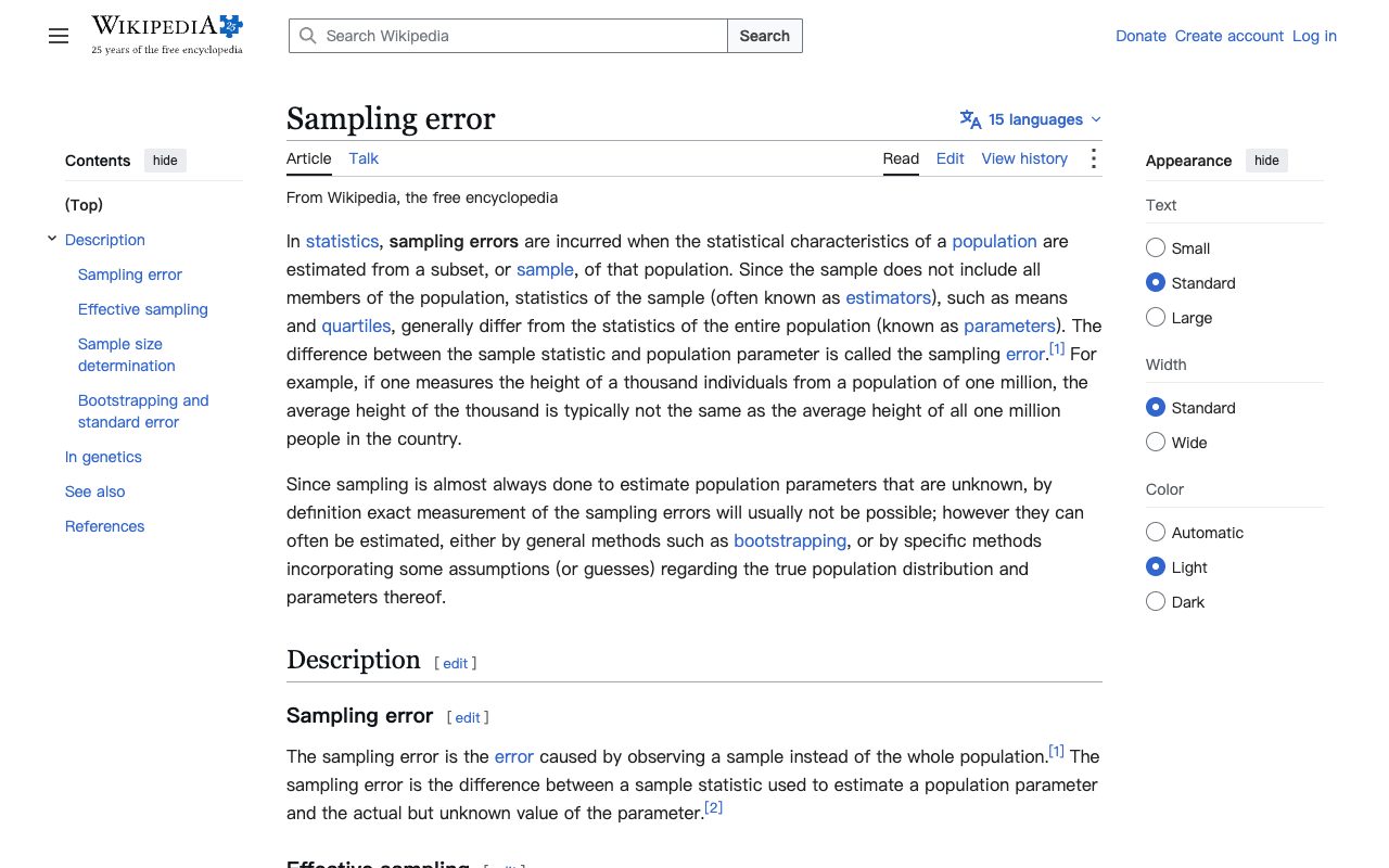 Wikipedia article on sampling error, the difference between a sample statistic and the true population value