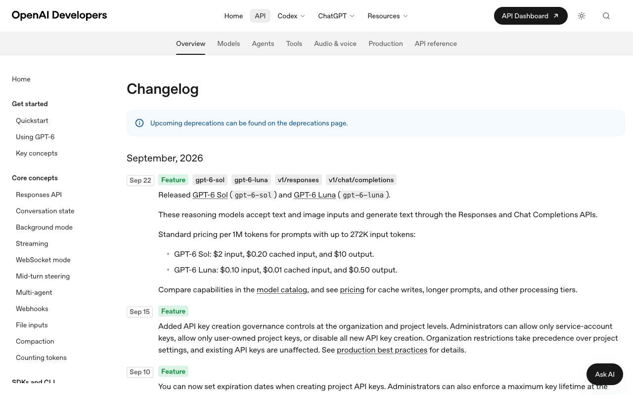 OpenAI API changelog listing dated model and platform releases, one cause to check when ChatGPT answers change
