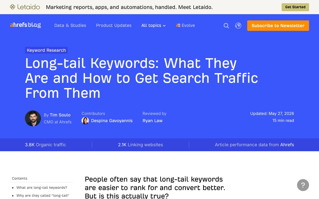 Ahrefs blog guide by Tim Soulo titled Long-tail Keywords: What They Are and How to Get Search Traffic From Them