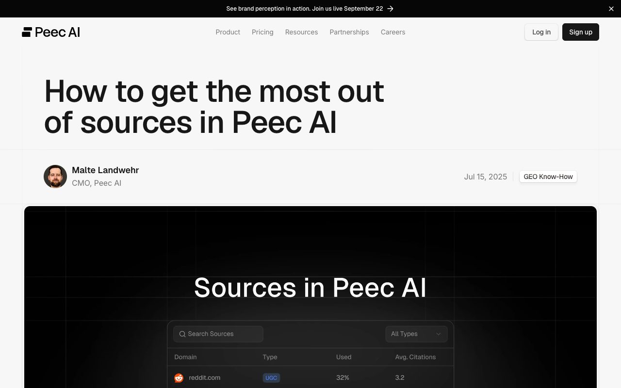 Peec AI blog post header: How to get the most out of sources in Peec AI, by CMO Malte Landwehr