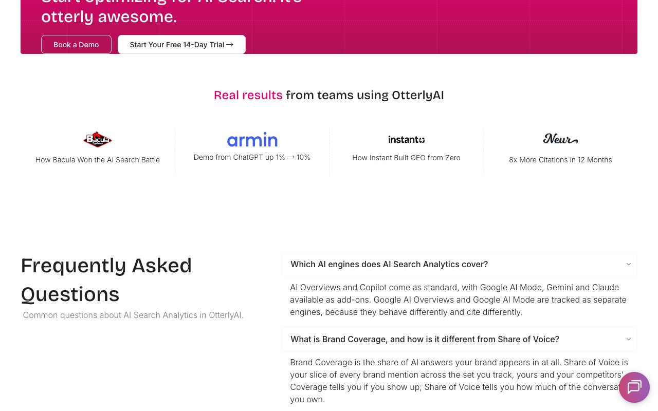 OtterlyAI AI Search Analytics FAQ stating AI Overviews and Copilot are standard, with Google AI Mode, Gemini and Claude as add-ons