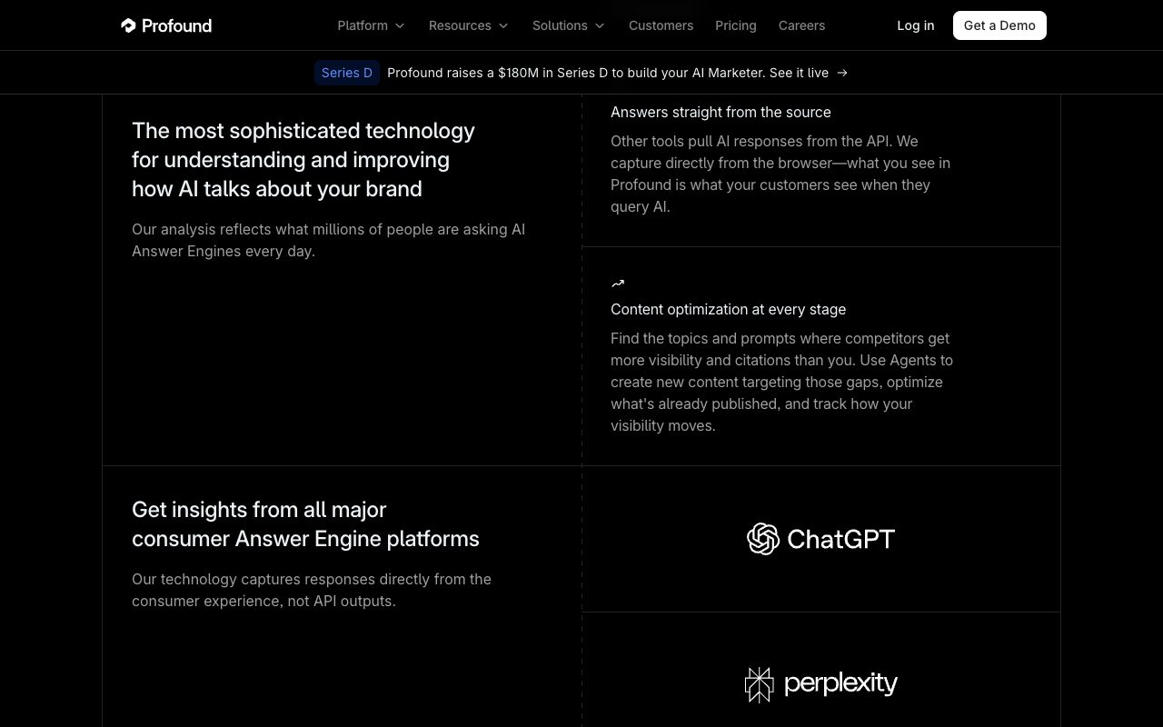 Profound Answer Engine Insights section Get insights from all major consumer Answer Engine platforms, captured from the consumer experience