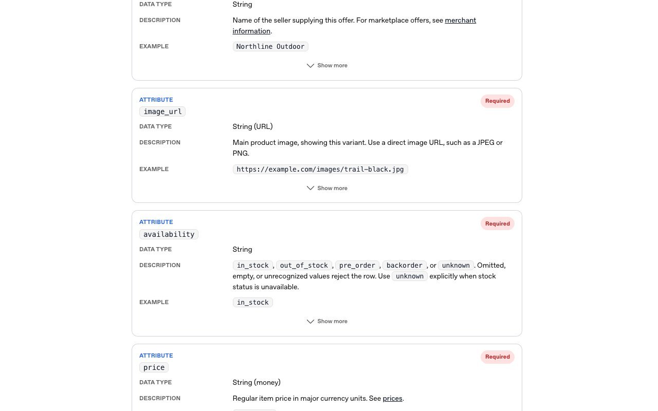 OpenAI product feed specification: the required image_url, availability and price fields for ChatGPT product discovery