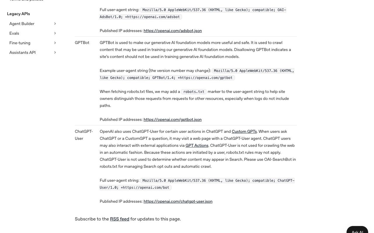 OpenAI crawler documentation rows for GPTBot and ChatGPT-User, describing training crawls and user-initiated fetches