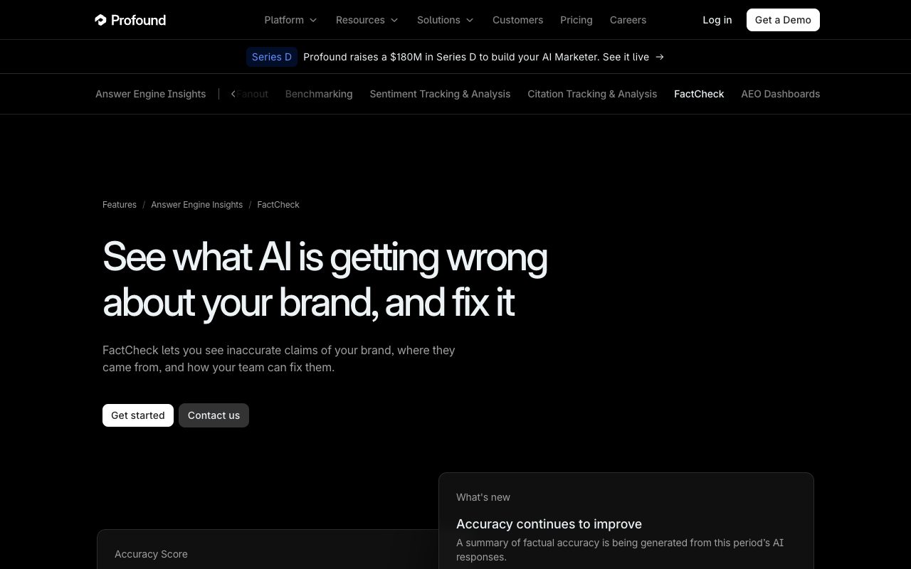 Profound FactCheck page: 'See what AI is getting wrong about your brand, and fix it', with an accuracy score panel