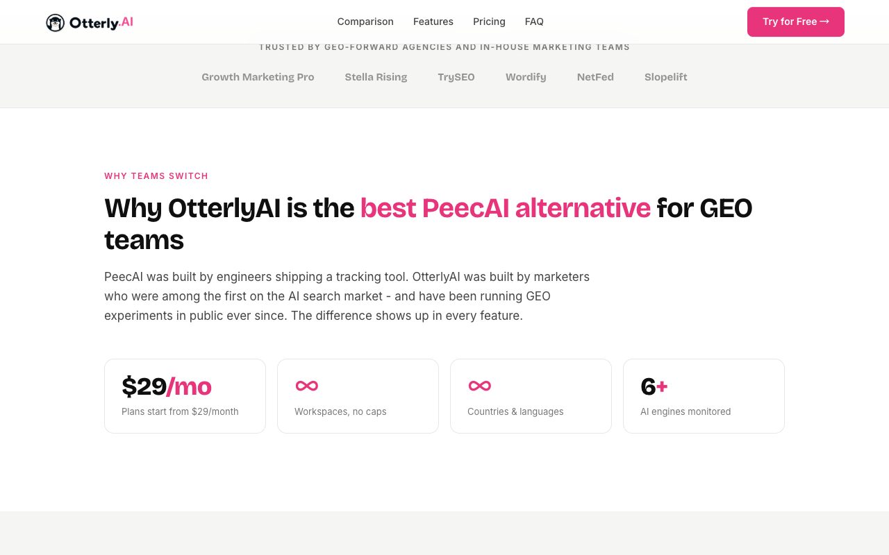 OtterlyAI page pitching itself as the PeecAI alternative for GEO teams, with a $29/mo entry price, unlimited workspaces and countries, and 6+ AI engines