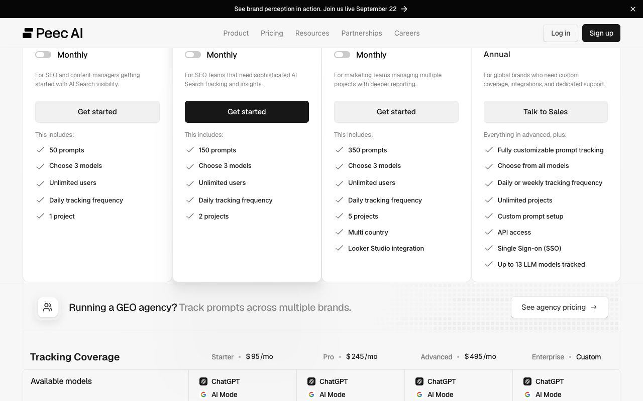 Peec AI pricing page: plans by prompts, models, tracking frequency and projects, with the tracking coverage table below