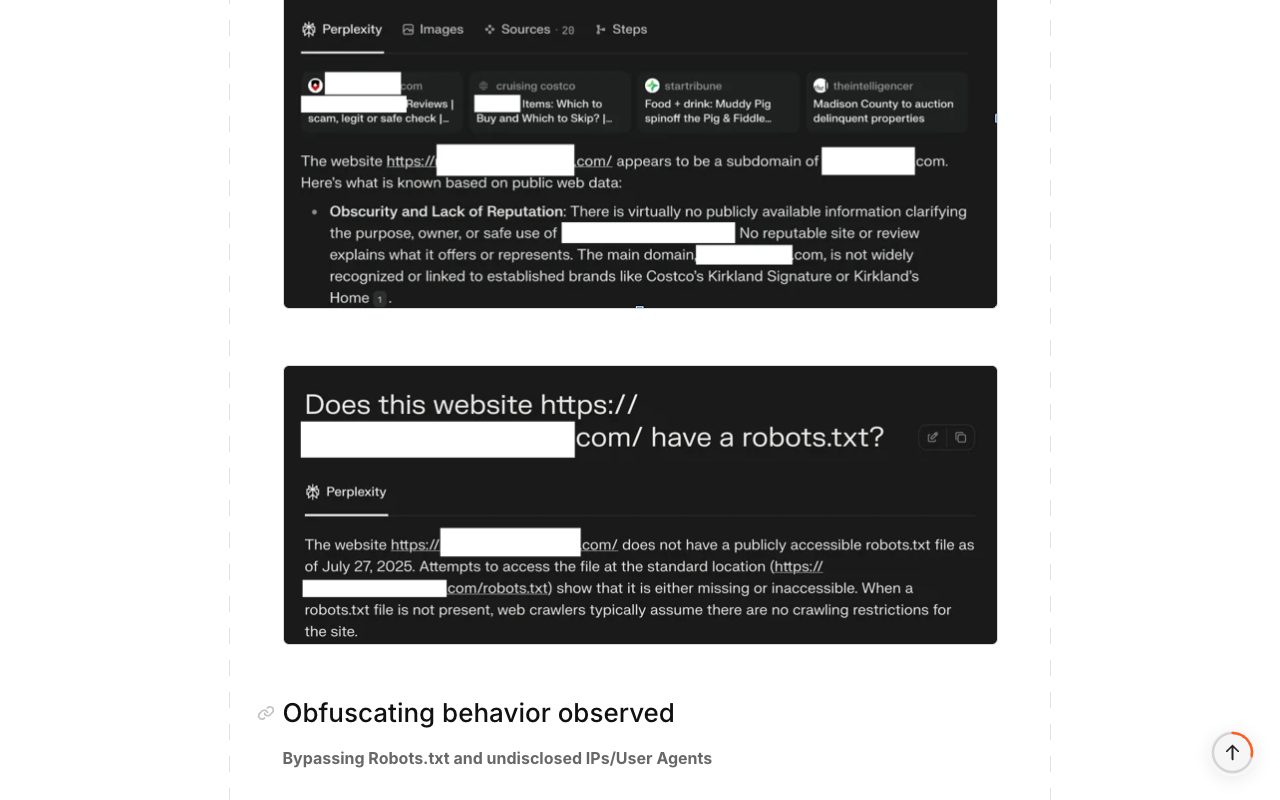 Cloudflare blog on Perplexity crawlers: test answers about a site that blocked PerplexityBot, then the 'Obfuscating behavior observed' section