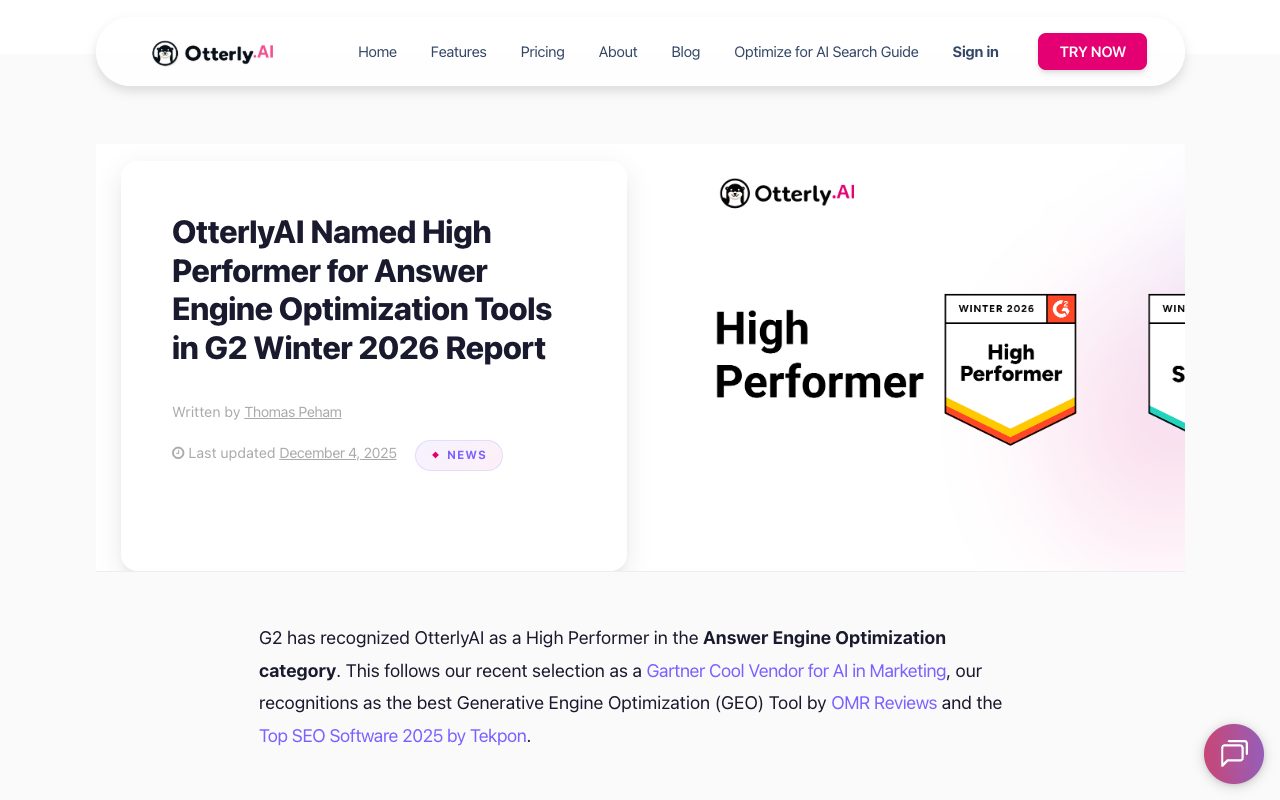 OtterlyAI news post: named High Performer for Answer Engine Optimization Tools in G2's Winter 2026 Report