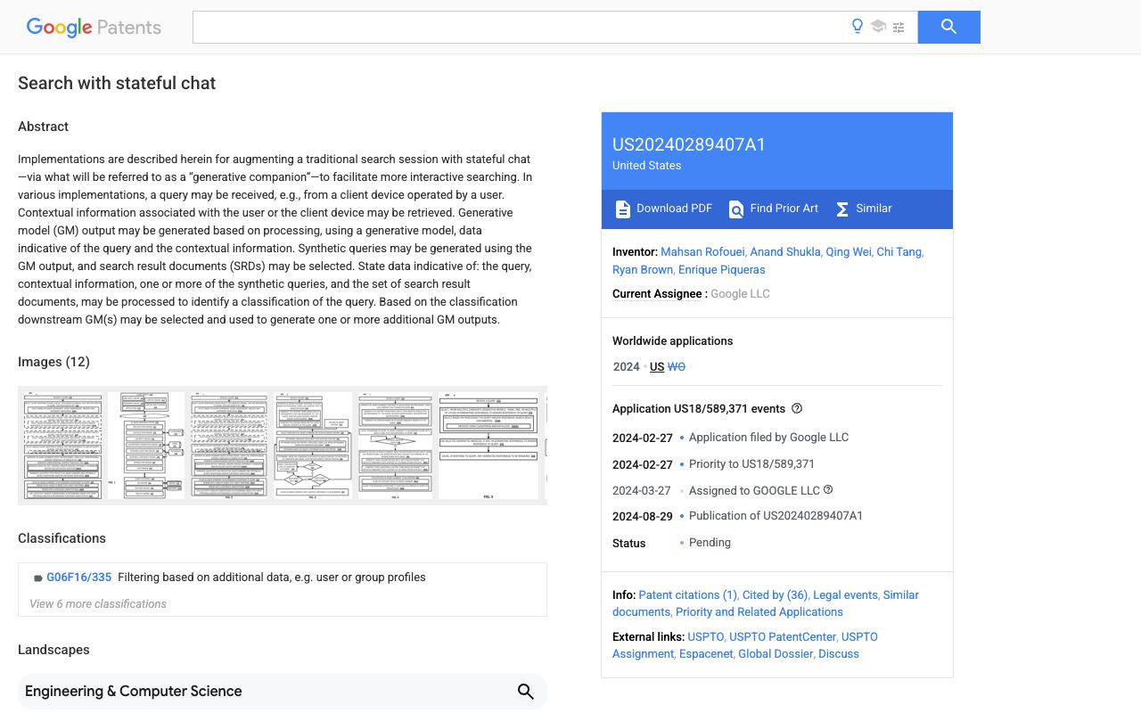 Google Patents page for US20240289407A1, 'Search with stateful chat', showing the abstract and patent metadata