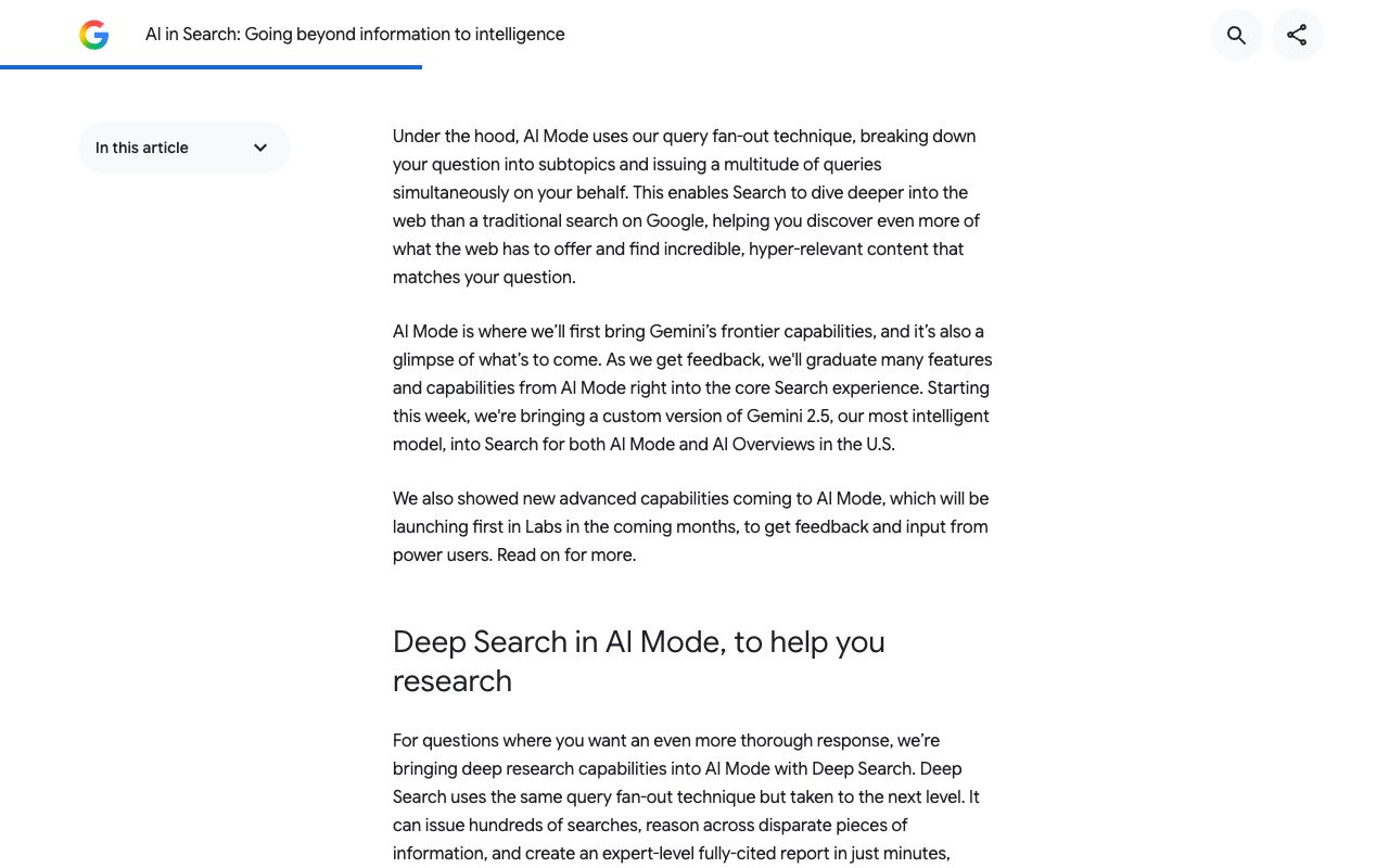 Google's I/O 2025 blog post explaining that AI Mode uses a query fan-out technique, followed by the Deep Search in AI Mode section