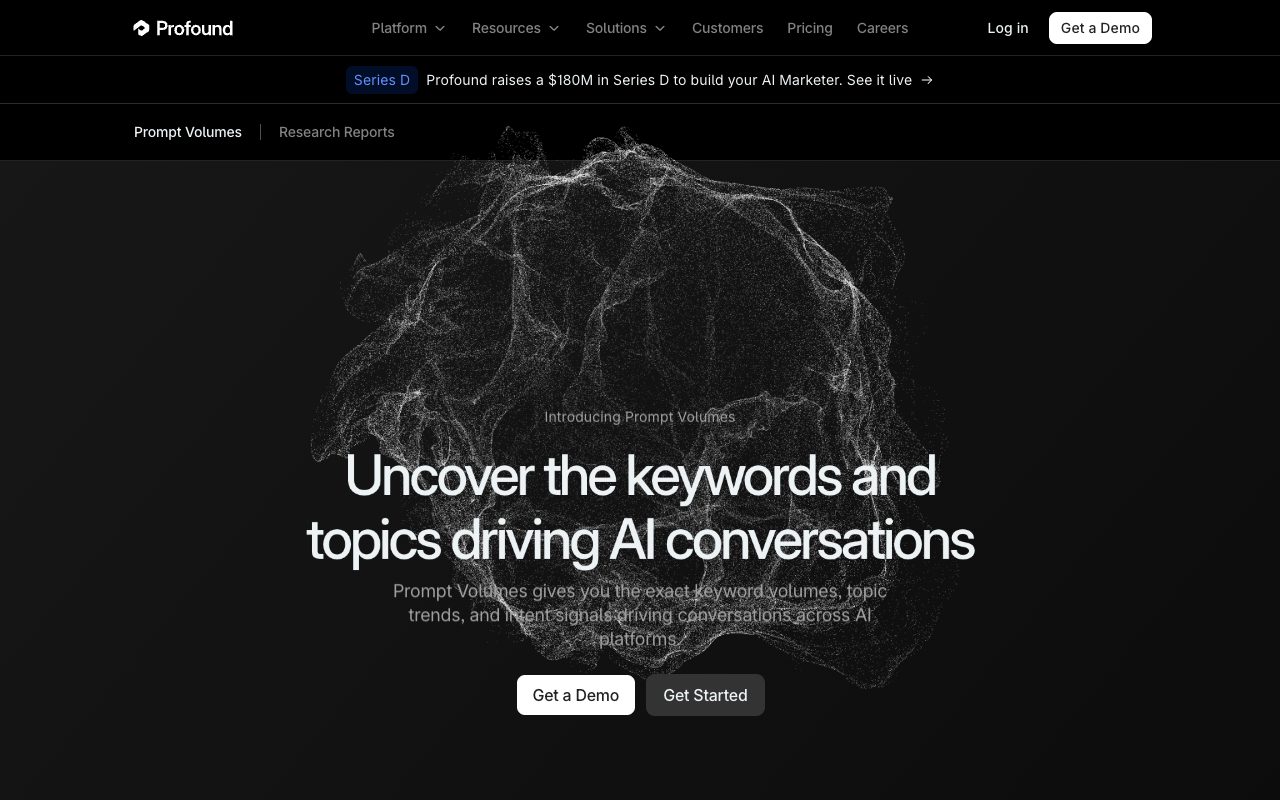 Profound Prompt Volumes feature page, 'Uncover the keywords and topics driving AI conversations'