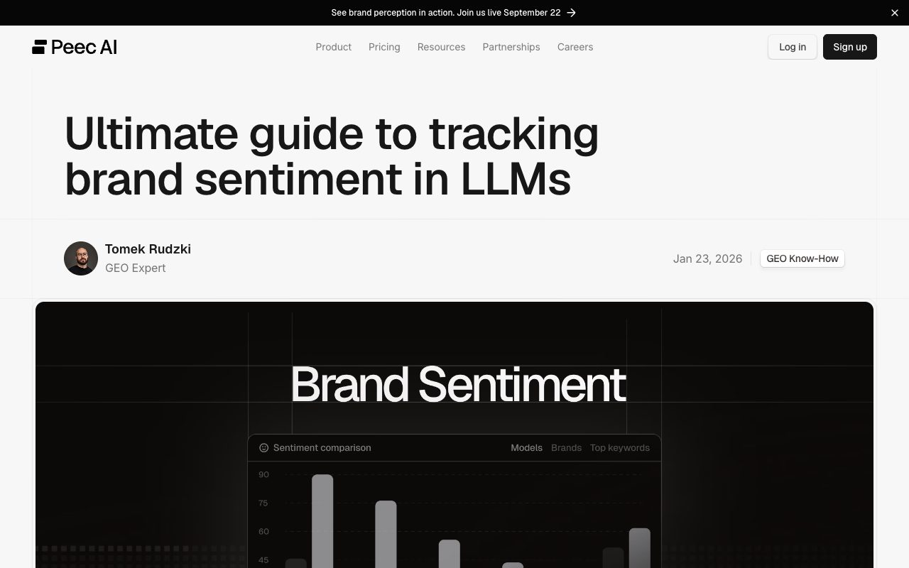 Peec AI blog post header: Ultimate guide to tracking brand sentiment in LLMs, by Tomek Rudzki, January 2026