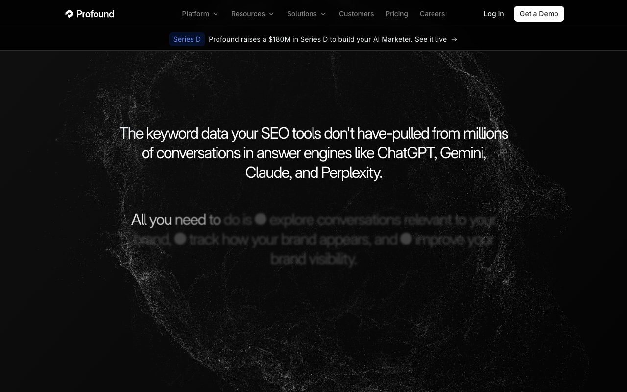 Profound Prompt Volumes page: keyword data pulled from millions of conversations in answer engines like ChatGPT, Gemini, Claude and Perplexity