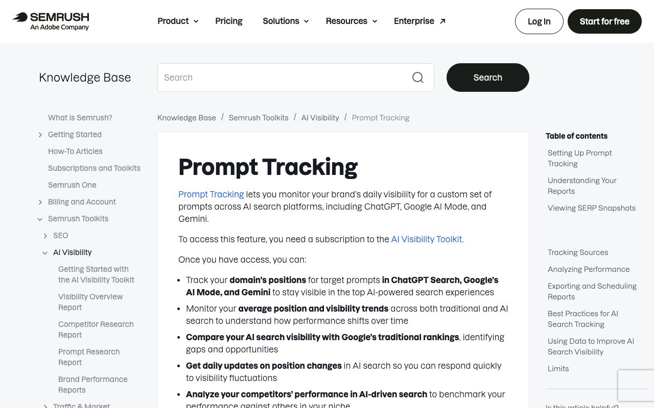 Semrush Knowledge Base article Prompt Tracking describing daily brand visibility for custom prompts in ChatGPT, Google AI Mode and Gemini