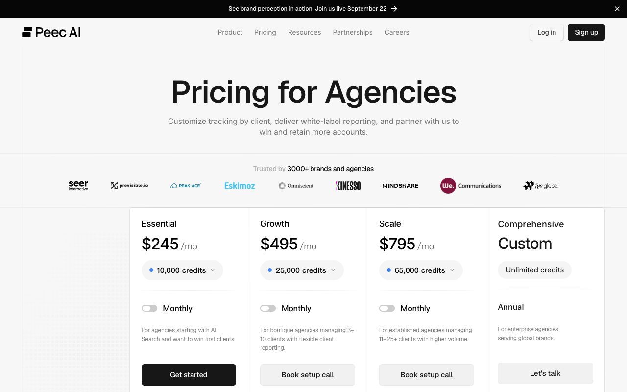 Peec AI Pricing for Agencies: Essential $245, Growth $495 and Scale $795 a month in credits, plus a custom Comprehensive tier