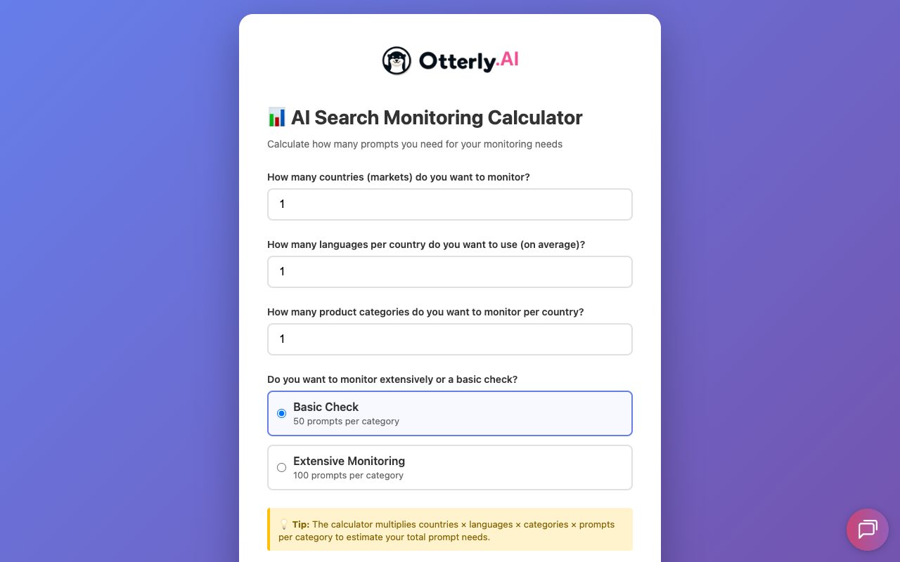 OtterlyAI AI Search Monitoring Calculator estimating how many prompts to monitor from countries, languages and product categories