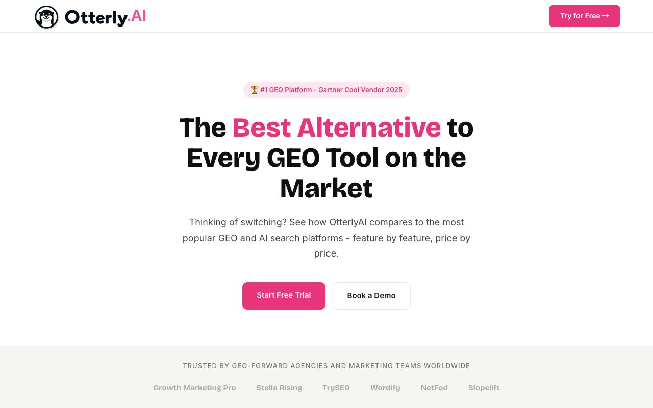 OtterlyAI alternatives page: 'The Best Alternative to Every GEO Tool on the Market', comparing it with popular GEO platforms