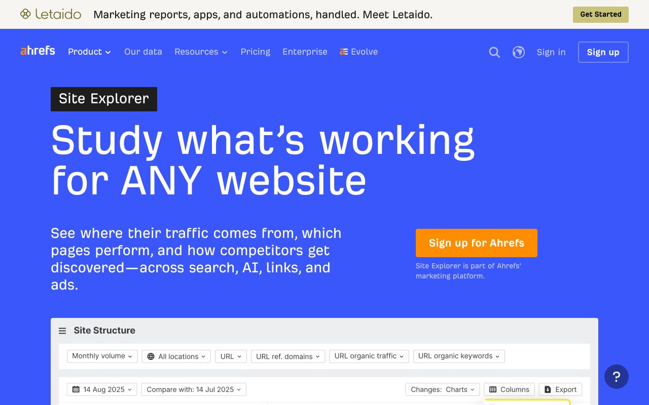 Ahrefs Site Explorer page: study what's working for any website, with traffic, top pages and competitor data