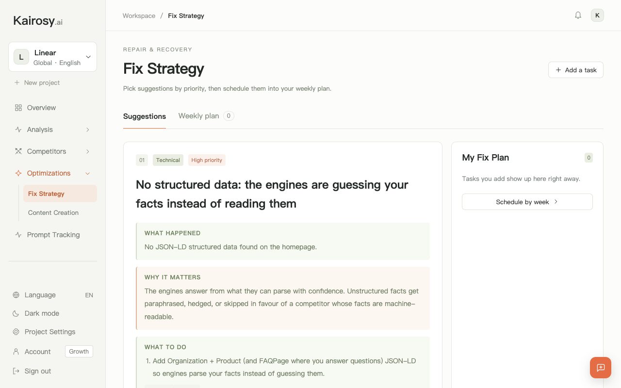 Kairosy Fix Strategy for Linear: a high-priority card explaining what happened, why it matters and what to do about missing structured data