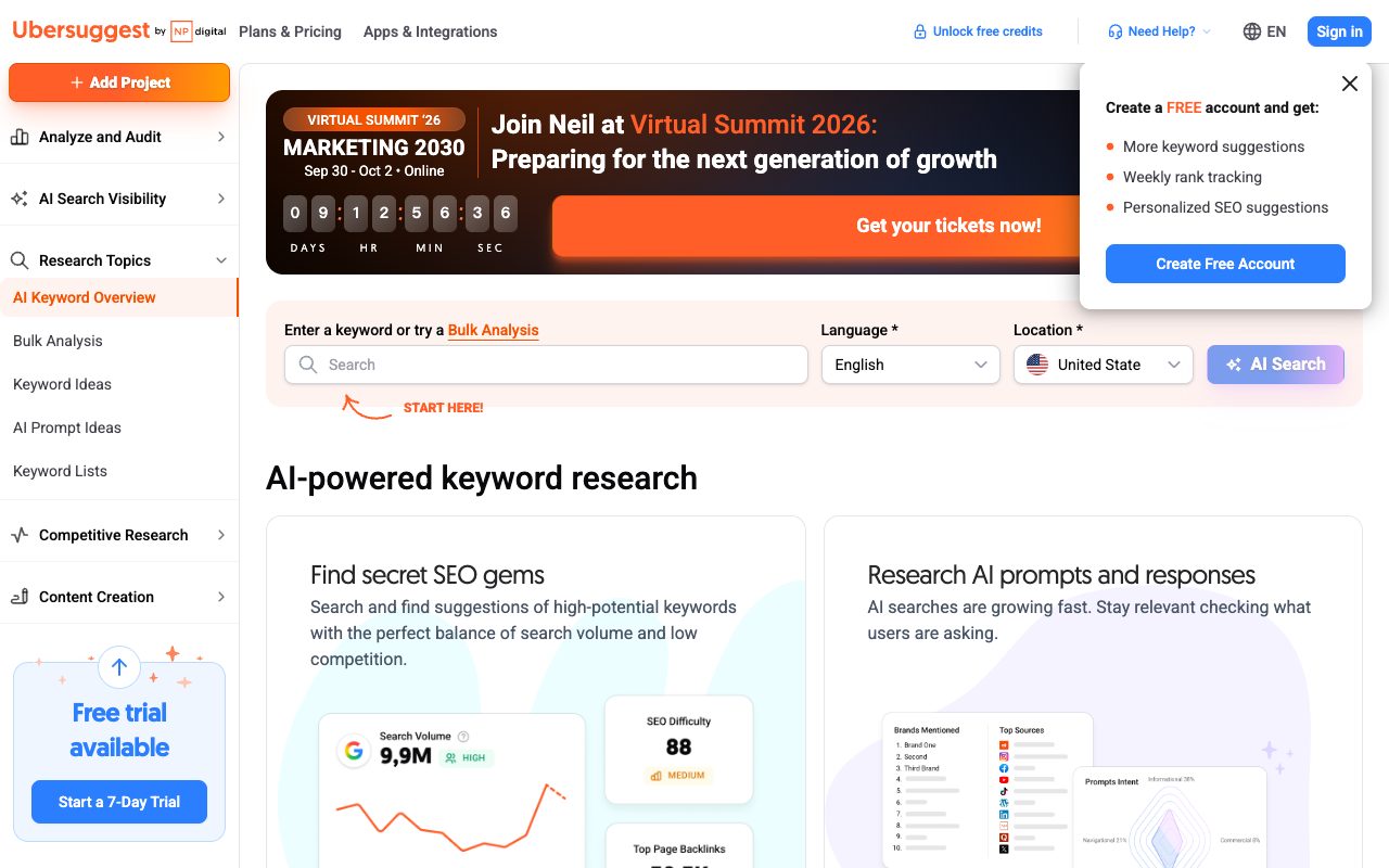 Ubersuggest keyword research tool start page with keyword search box and cards for finding keywords and researching AI prompts