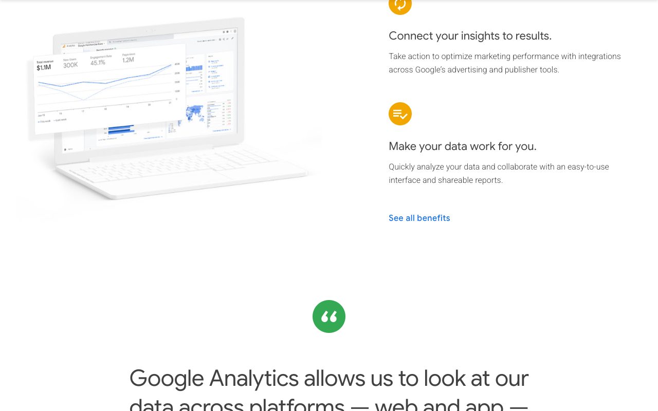 Google Analytics product page section: connect your insights to results and make your data work for you