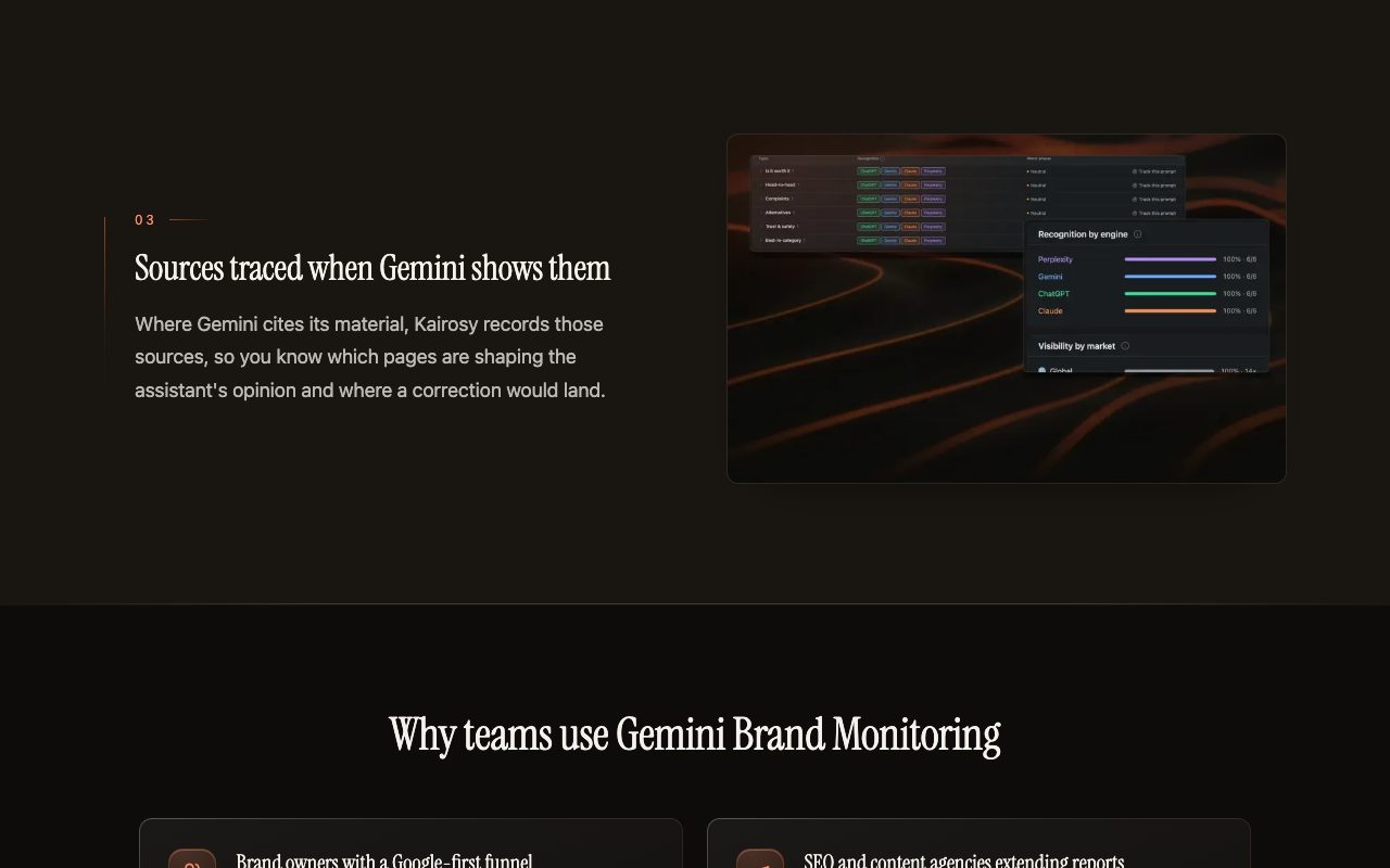 Kairosy Gemini brand monitoring page: sources traced when Gemini shows them, so you know which pages shape its opinion