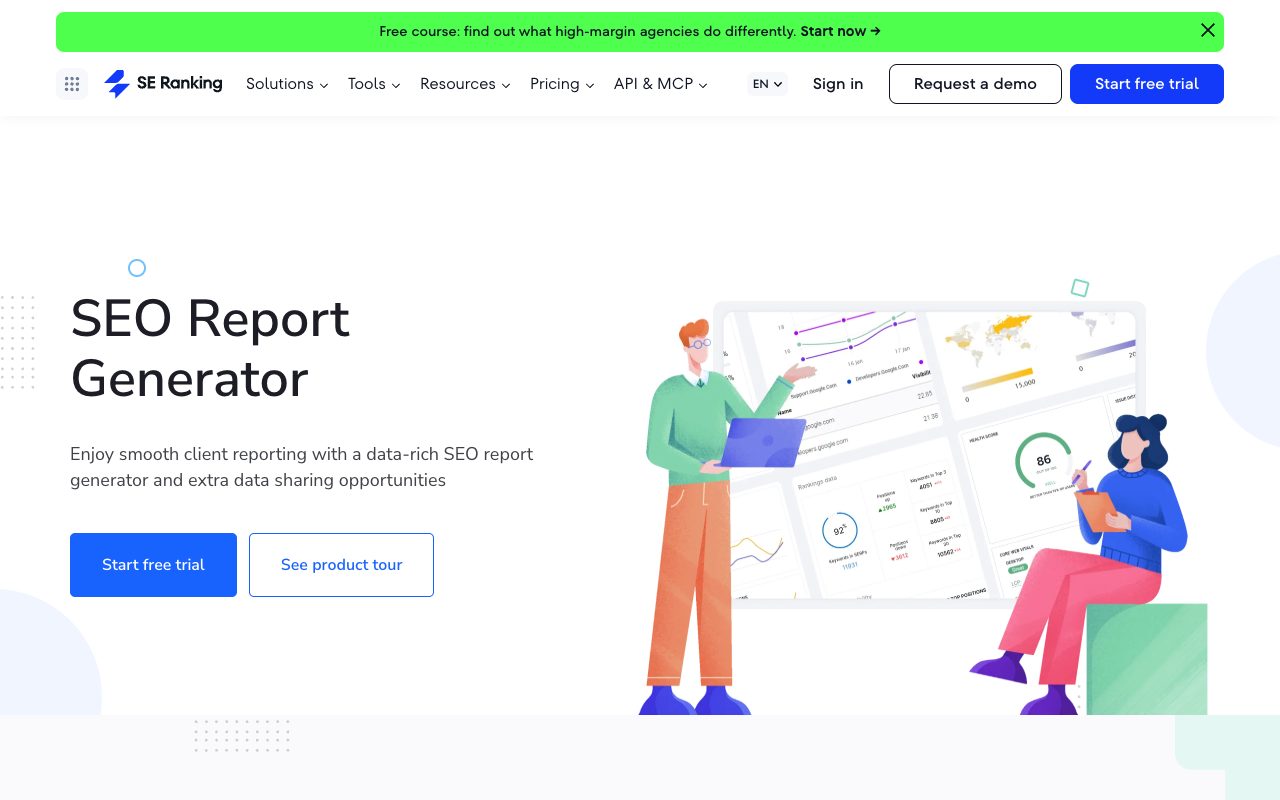 SE Ranking SEO Report Generator page offering data-rich client reporting for agencies