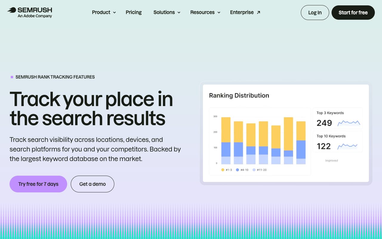 Semrush rank tracking page: track your place in the search results, with a ranking distribution chart