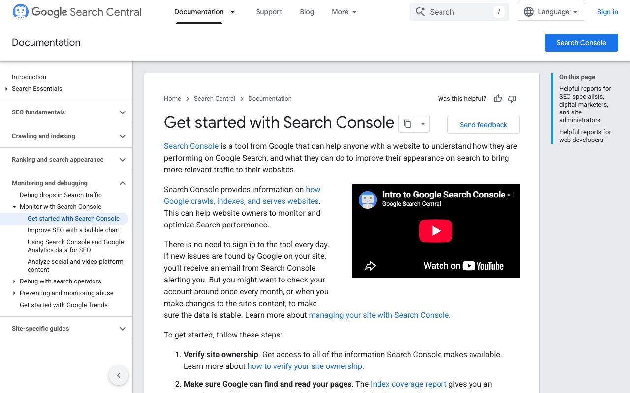 Google Search Central guide Get started with Search Console, explaining what the tool reports and the first steps