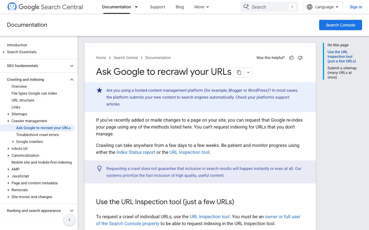 Google Search Central guide 'Ask Google to recrawl your URLs', pointing to the URL Inspection tool for checking individual pages