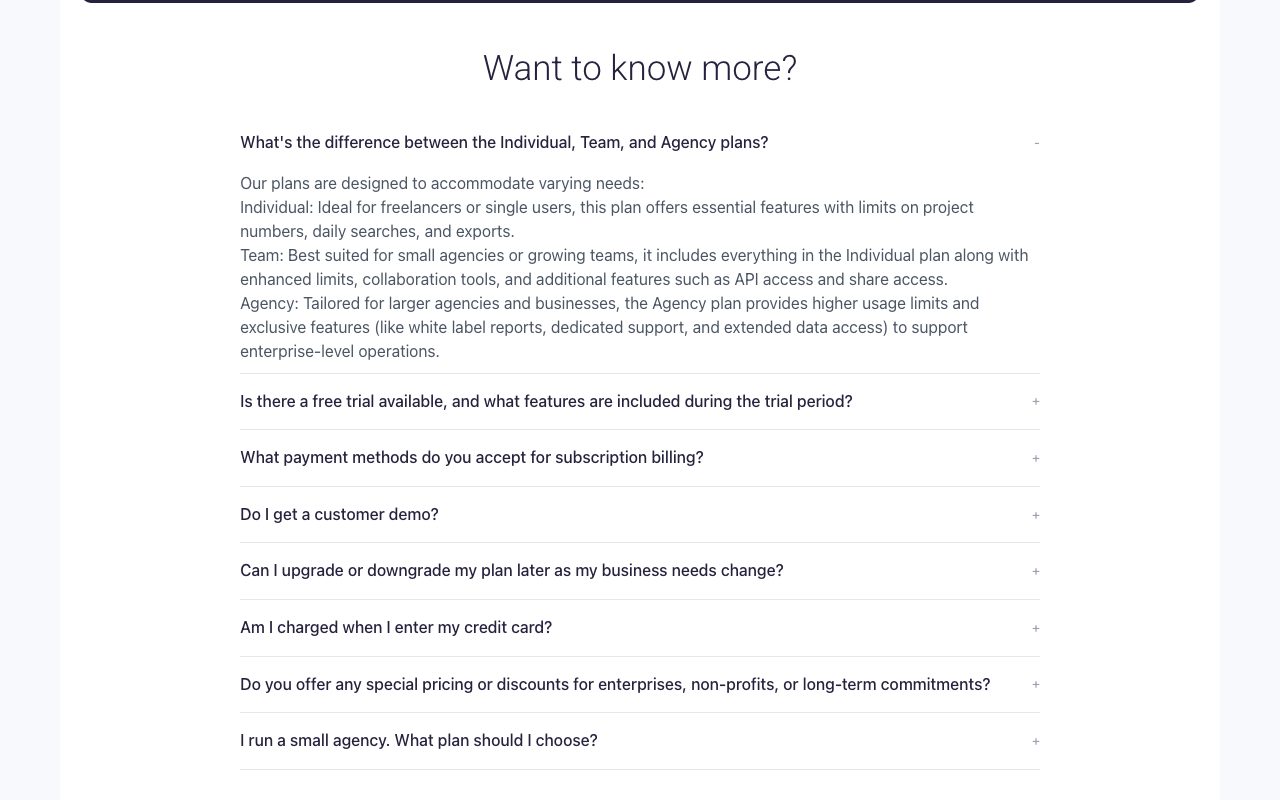 Serpstat pricing page FAQ explaining the difference between Individual, Team and Agency plans and the $1 trial card verification