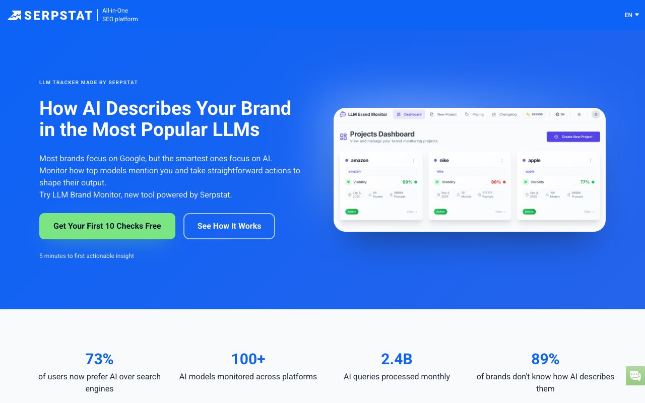 Serpstat LLM Brand Monitor product page, 'How AI Describes Your Brand in the Most Popular LLMs'