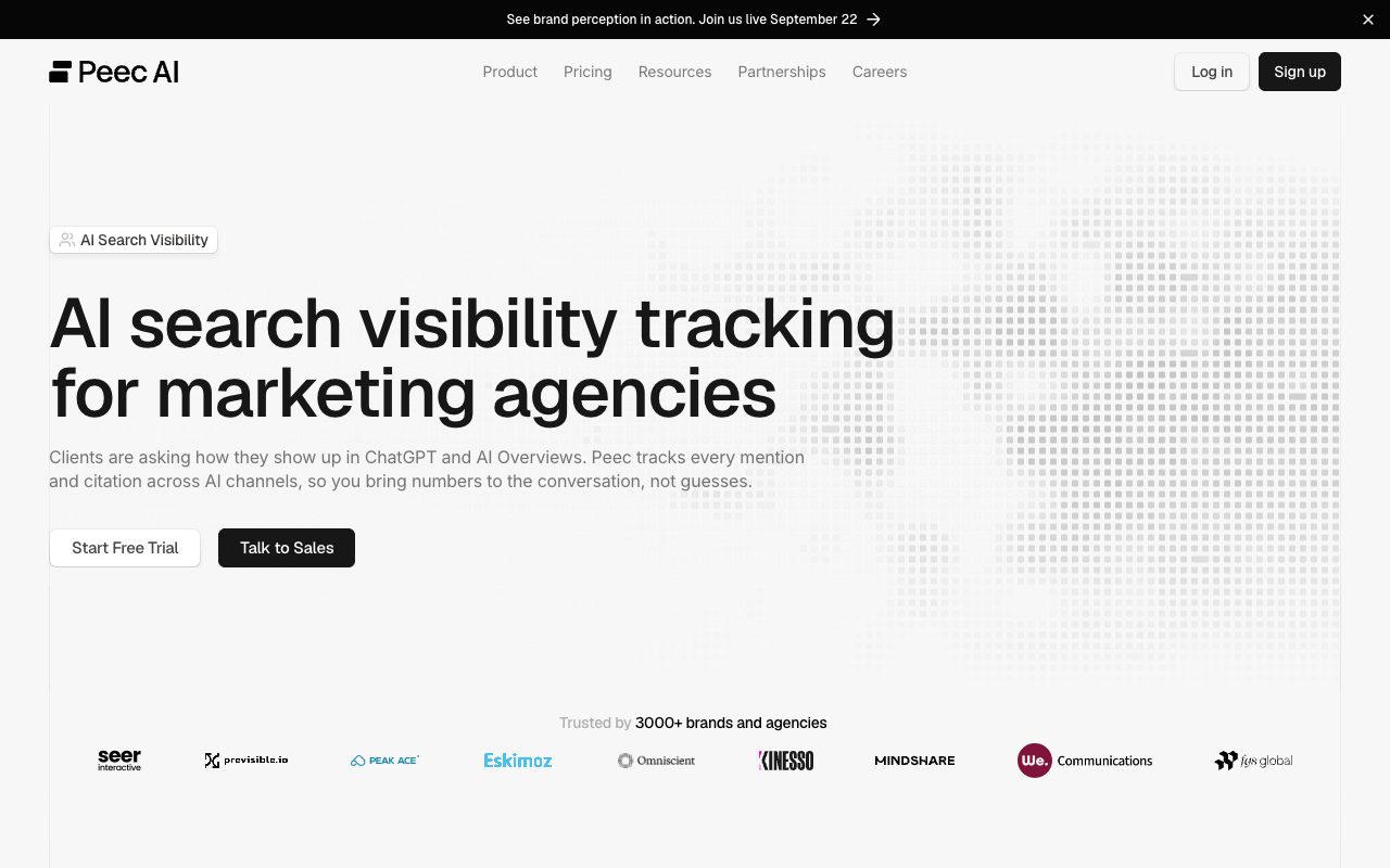 Peec AI page for marketing agencies: AI search visibility tracking for marketing agencies, with free trial and sales buttons